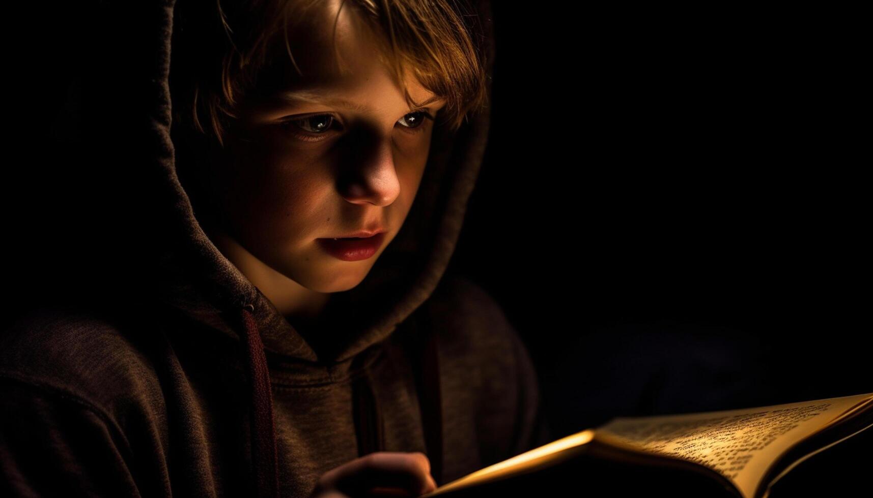 AI generated A sad Caucasian boy reading a book in the dark generated by AI photo