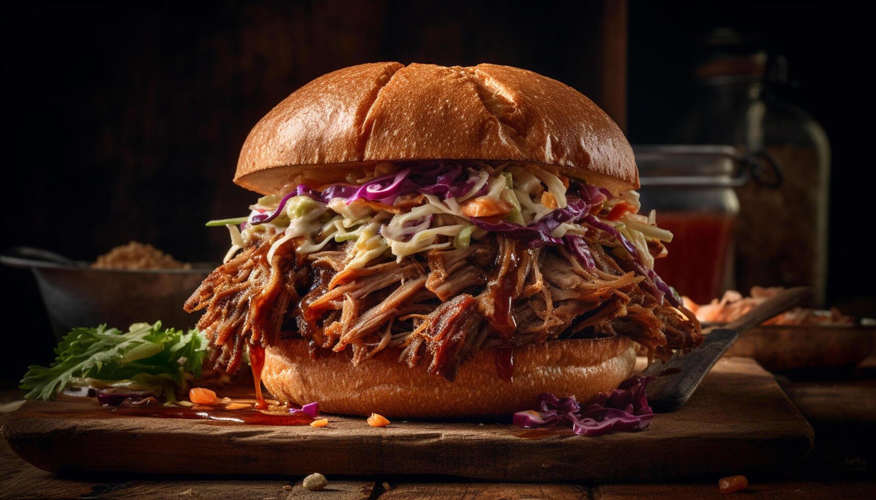 AI generated Grilled pulled pork sandwich with coleslaw on a rustic bun generated by AI photo