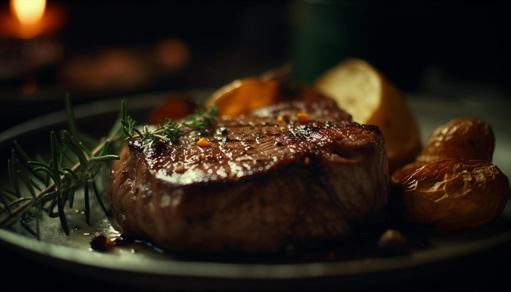 ai generado A la parrilla bife, cocido a perfección, un gastrónomo comida en fuego generado por ai foto