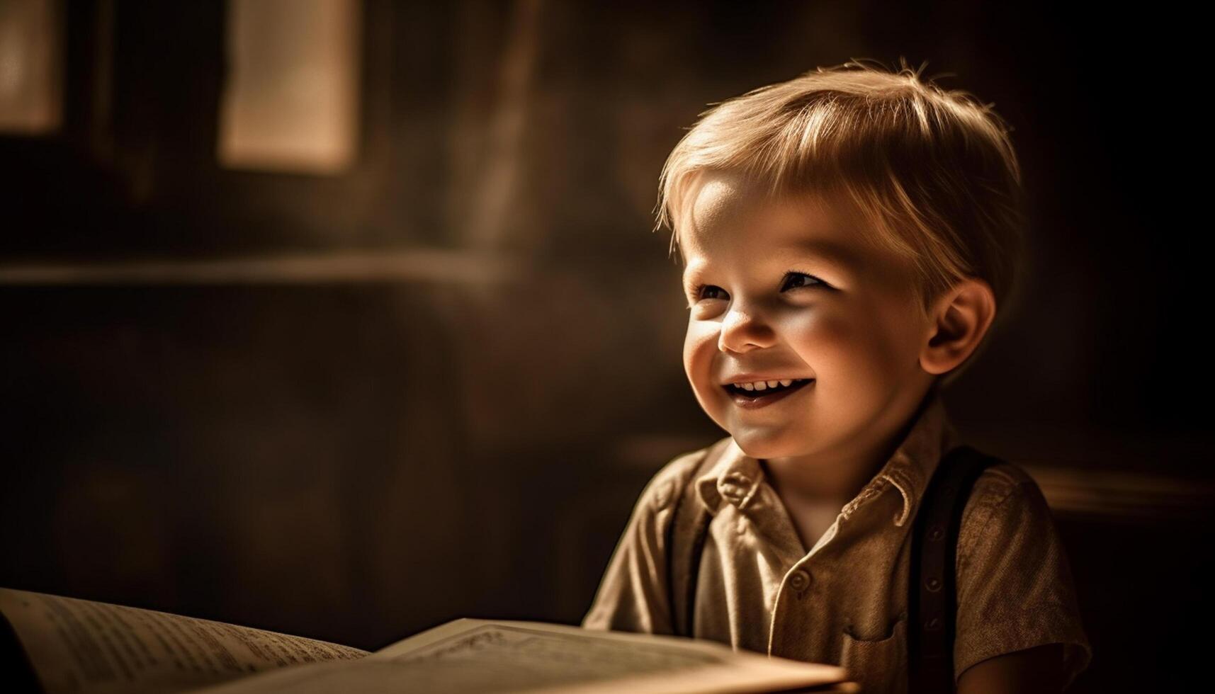 AI generated A cute blond boy happily reading a book at home generated by AI photo