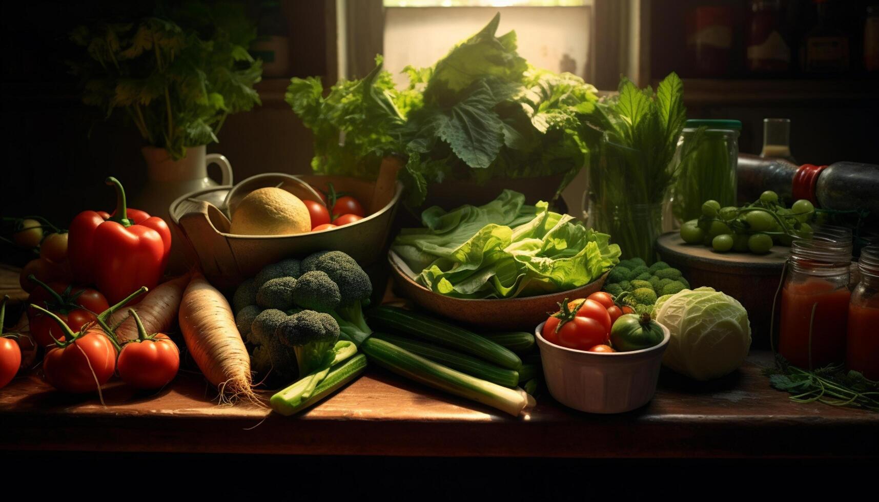 AI generated Fresh vegetables on wooden table, healthy eating for vegetarian diet generated by AI photo