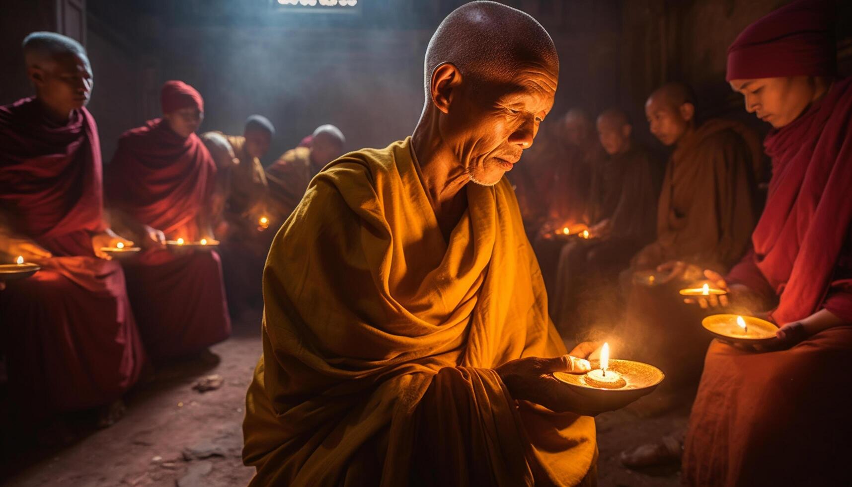 AI generated Monk meditating, candle flame burning, religious ceremony, symbols of peace generated by AI photo