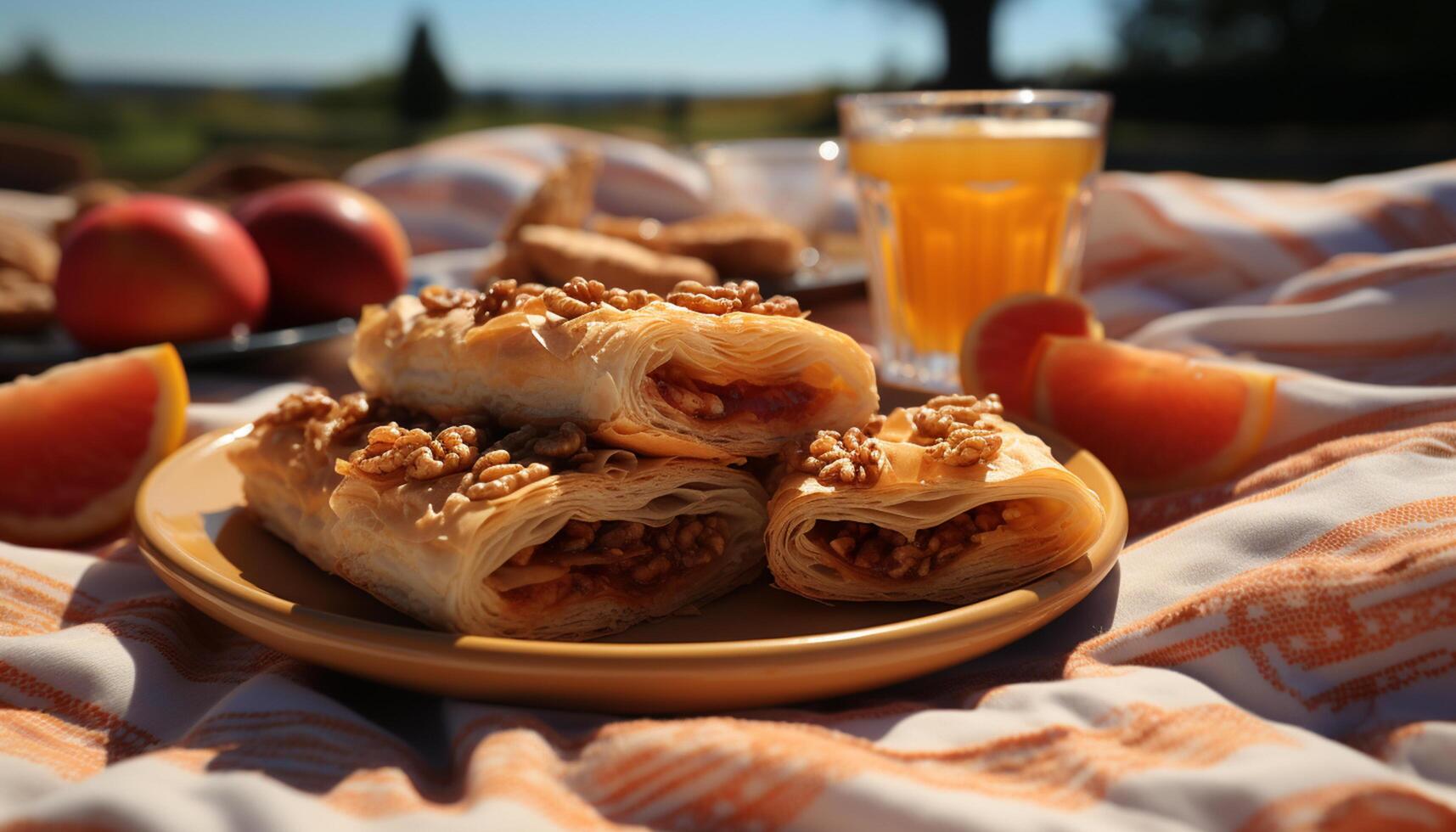 AI generated Fresh fruit on a wooden plate, perfect for a summer picnic generated by AI photo