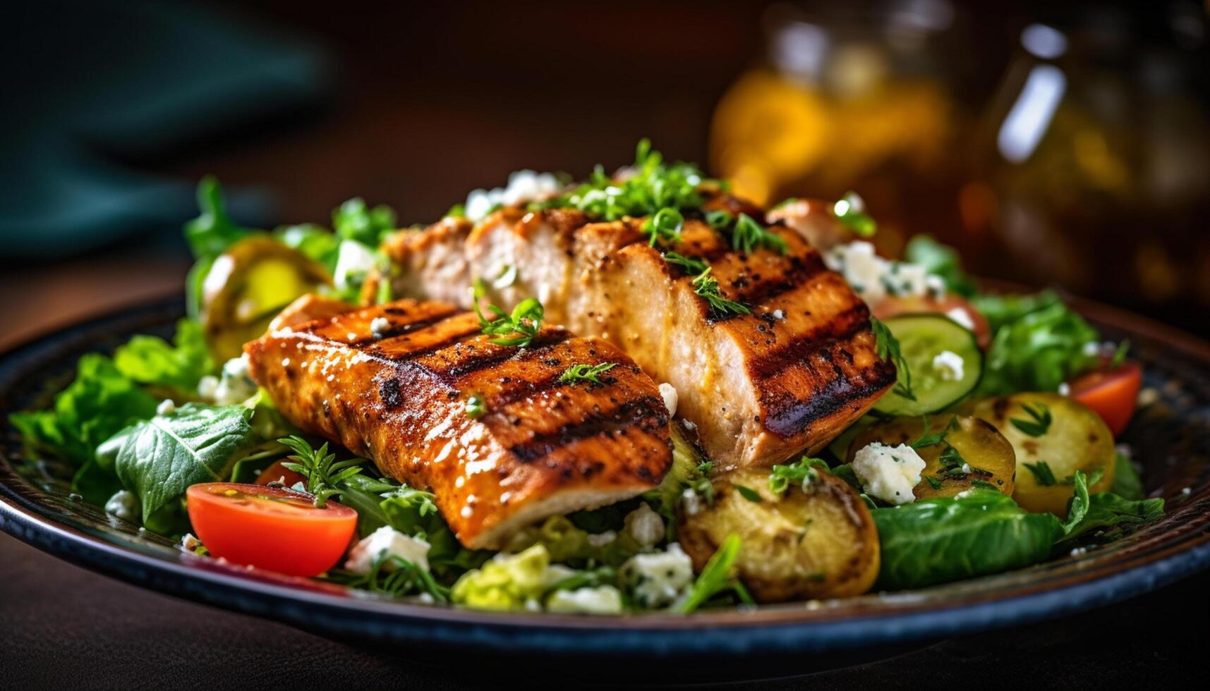 ai generado A la parrilla pollo pecho con ensalada, un sano gastrónomo verano comida generado por ai foto