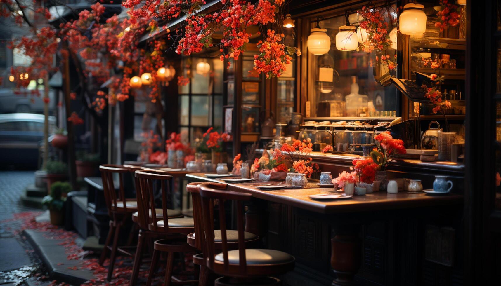 AI generated Wooden table with a colorful flower bouquet, illuminating a city street generated by AI photo