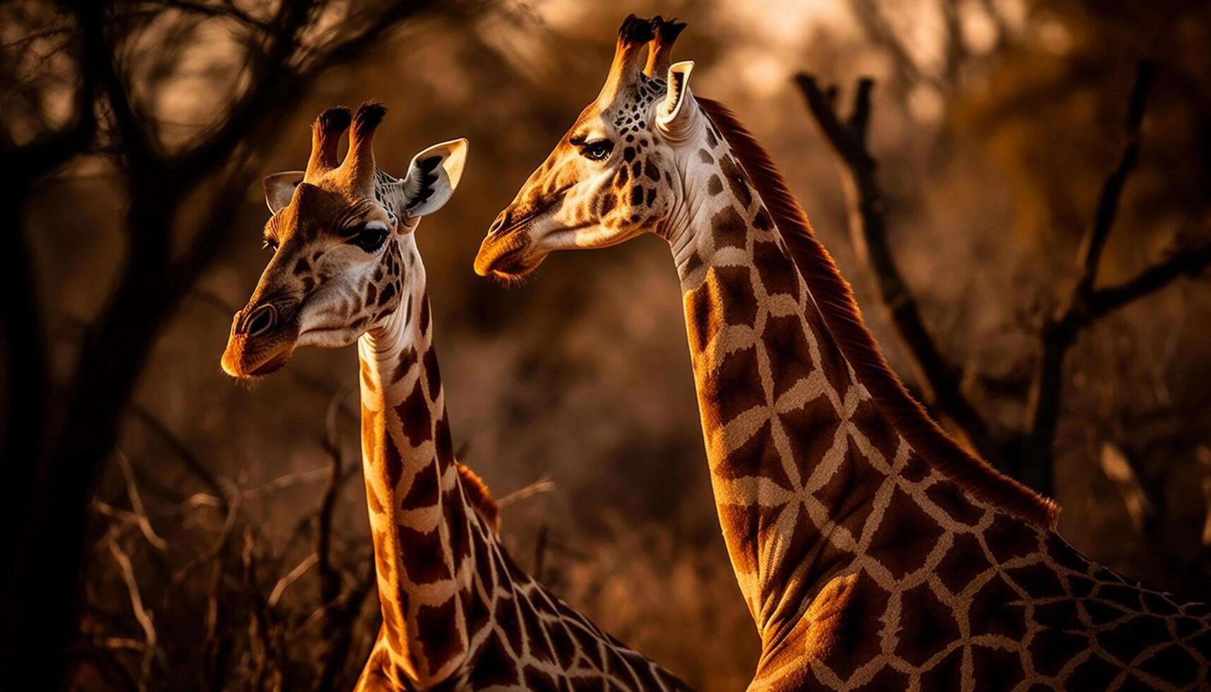 AI generated Giraffe standing in the savannah, looking at camera, eating peacefully generated by AI photo