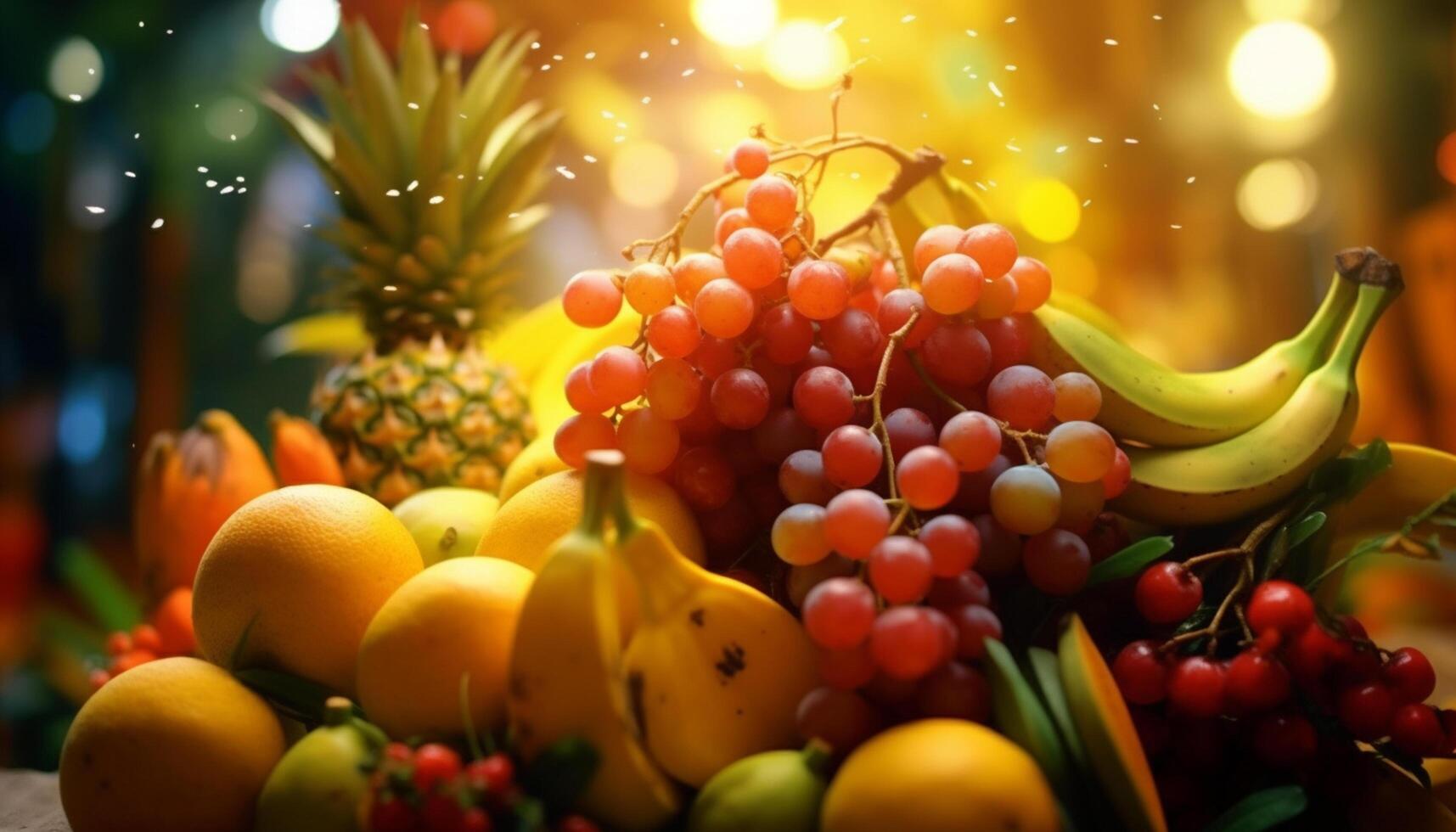 ai generado frescura de naturaleza generosidad uva, naranja, piña, banana, manzana, agrios generado por ai foto