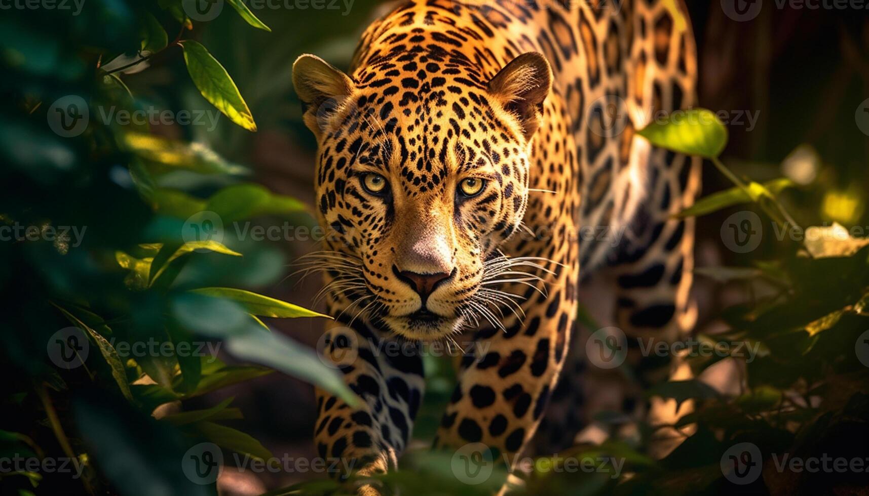 AI generated Majestic big cat in the wild, spotted, looking at camera generated by AI photo