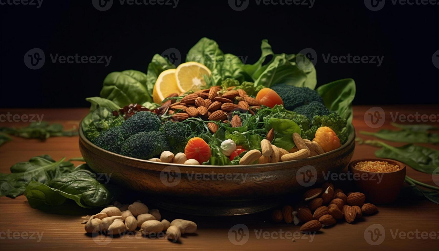 AI generated Freshness and variety on a wooden table healthy eating, vegetarian food generated by AI photo