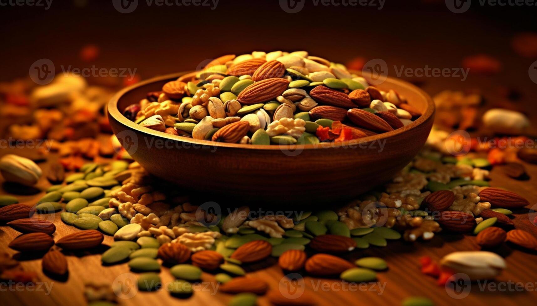 AI generated Healthy eating Close up of organic almond snack in wooden bowl generated by AI photo