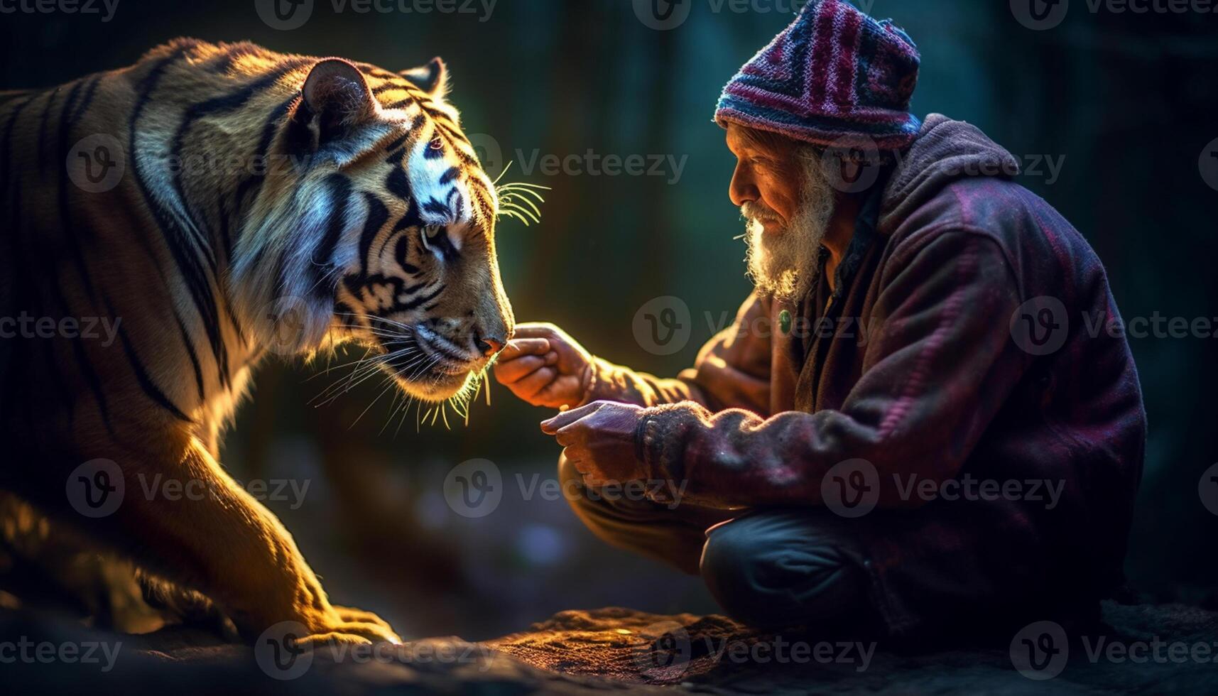 AI generated A man and a tiger sitting in the forest, playing generated by AI photo