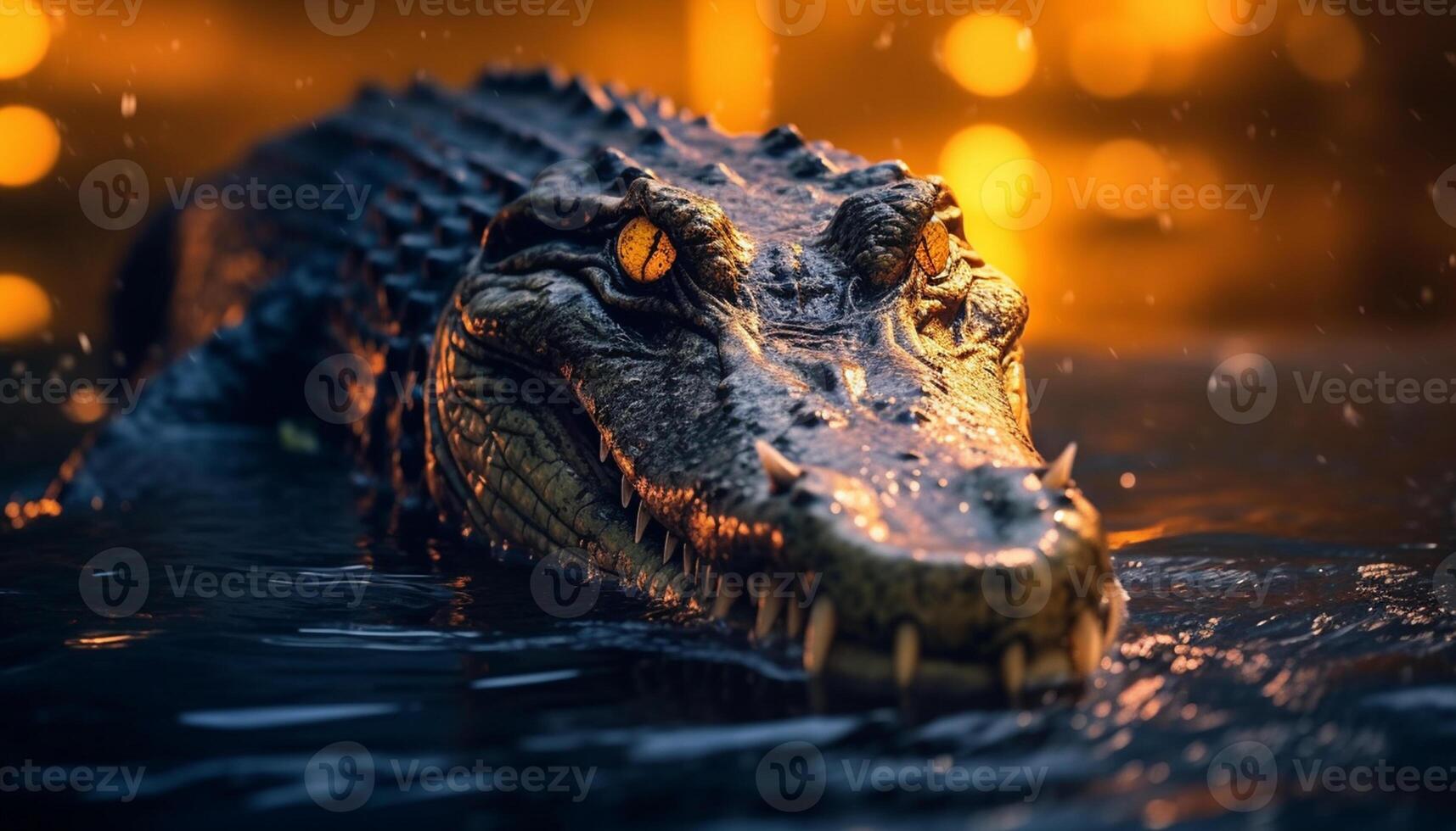 AI generated Large crocodile in the dark swamp, its teeth ready to strike generated by AI photo