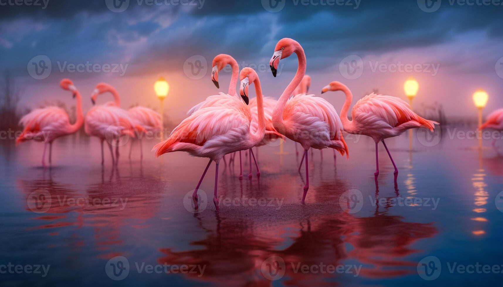 AI generated Animals in the wild, outdoors, water, reflection, feather, beak, multi colored generated by AI photo