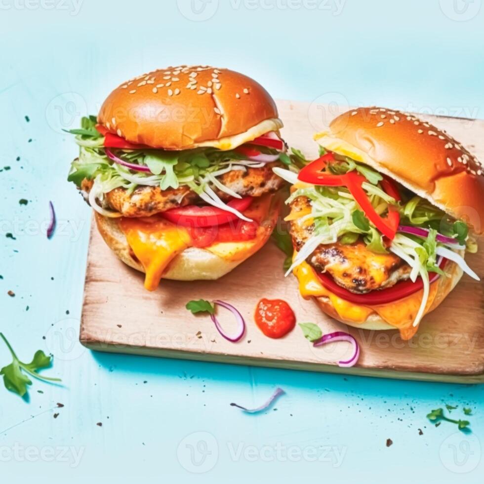 AI generated Comfort food and homemade meal recipe, burgers with meat and veggies for lunch or dinner on rustic board and blue table, generative ai photo