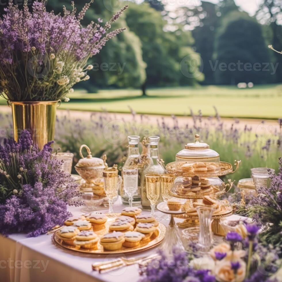 ai generado postre buffet mesa, comida abastecimiento para boda, fiesta fiesta celebracion, lavanda decoración, pasteles y postres en un país jardín, generativo ai foto