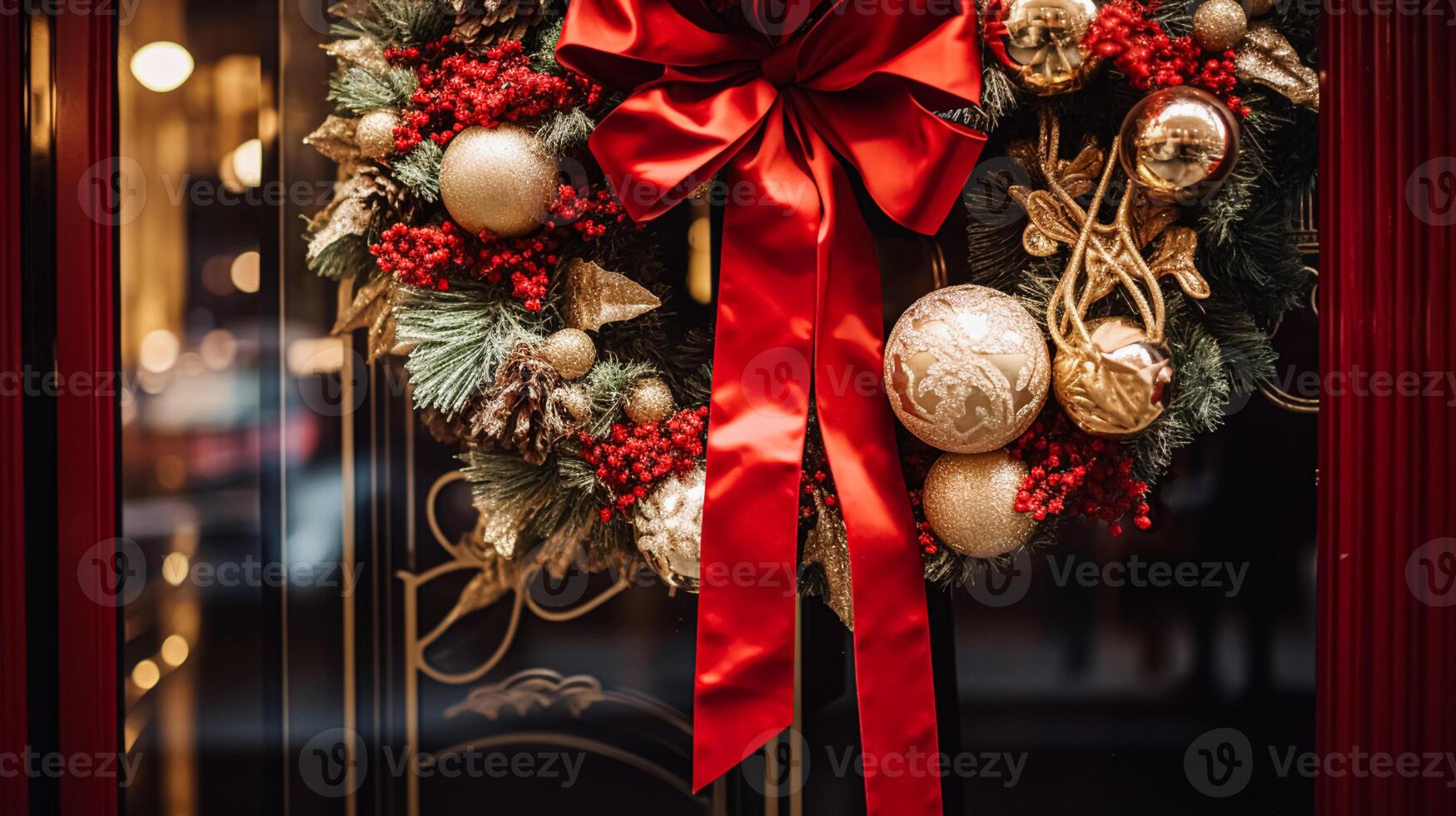 AI generated Christmas decoration details on English styled luxury high street city store door or shopping window display, holiday sale and shop decor photo