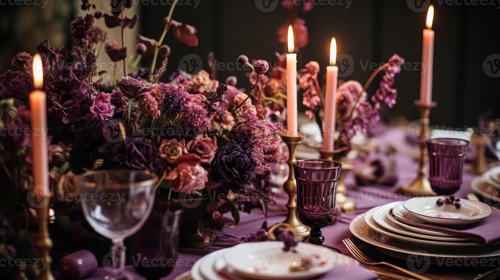 AI generated Dinner table setting in the warm glow of candlelight, tablescape featuring floral centerpiece, elegant burgundy glassware, and luxurious gold cutlery photo