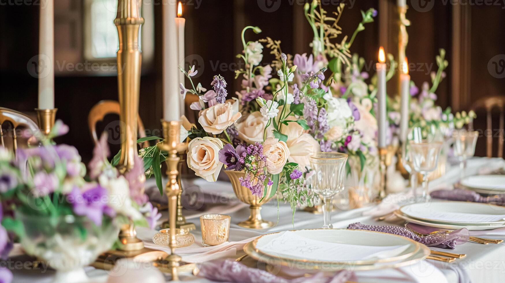 AI generated Wedding decor with lavender theme, floral decoration design and beautiful decor setting arrangement photo