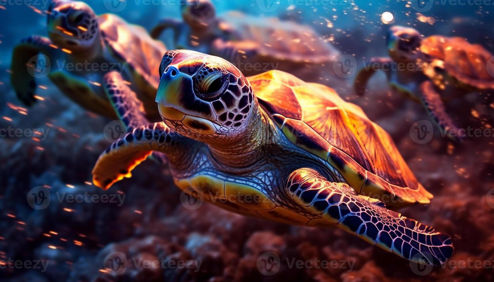 AI generated A beautiful multi colored sea turtle swimming in the underwater reef generated by AI photo