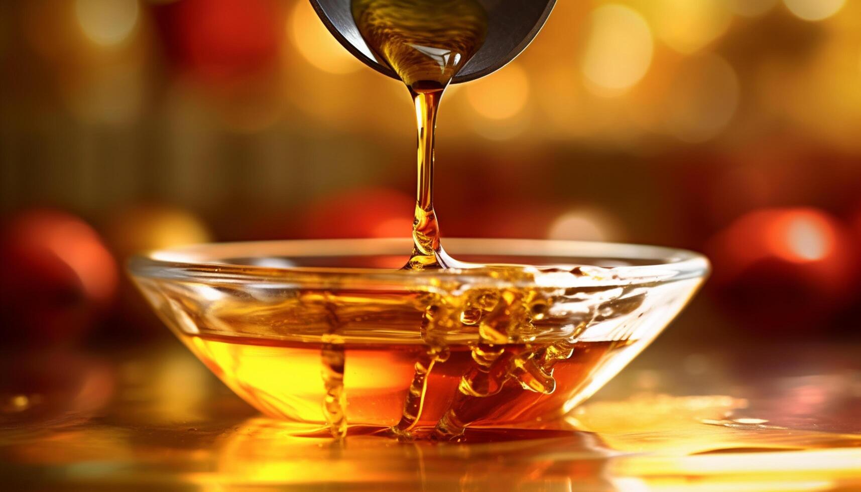 AI generated Pouring honey, yellow drop, food and drink, gold colored table generated by AI photo