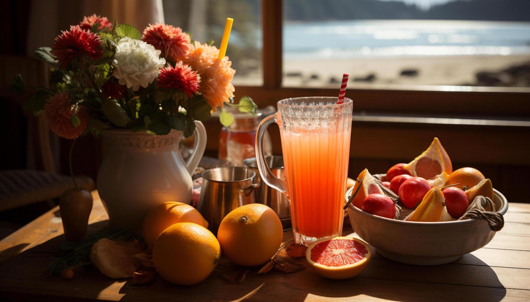 ai generado frescura de naturaleza en un de madera mesa, naranja bebida vaso generado por ai foto