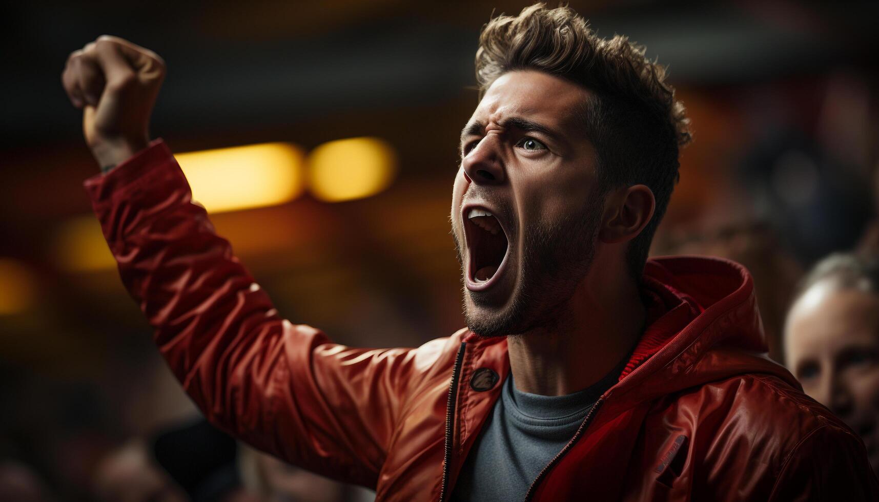 AI generated Young man screaming with joy at night, celebrating success generated by AI photo