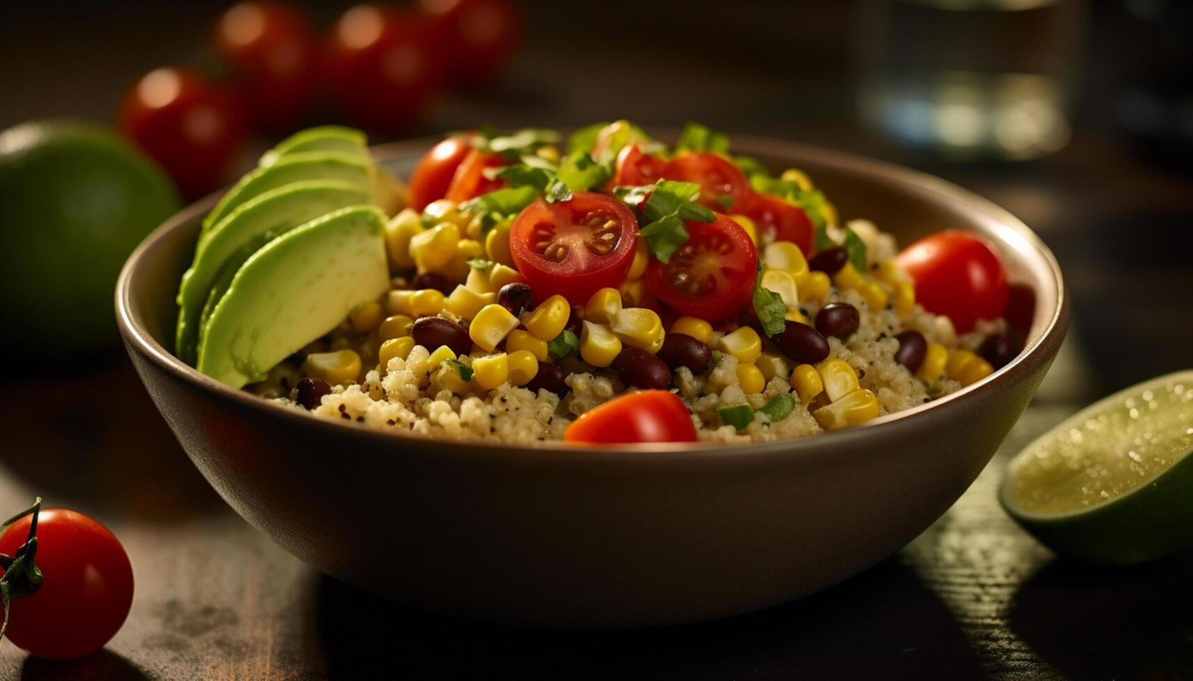 AI generated Fresh, healthy salad with tomato, quinoa, avocado, and cilantro generated by AI photo