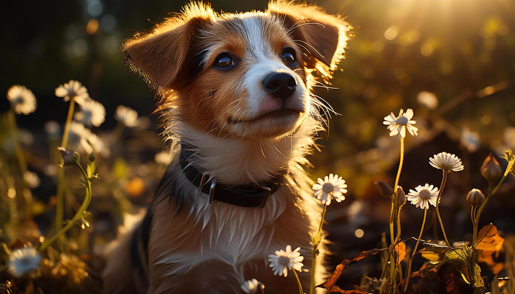AI generated Cute puppy sitting in meadow, enjoying nature generated by AI photo