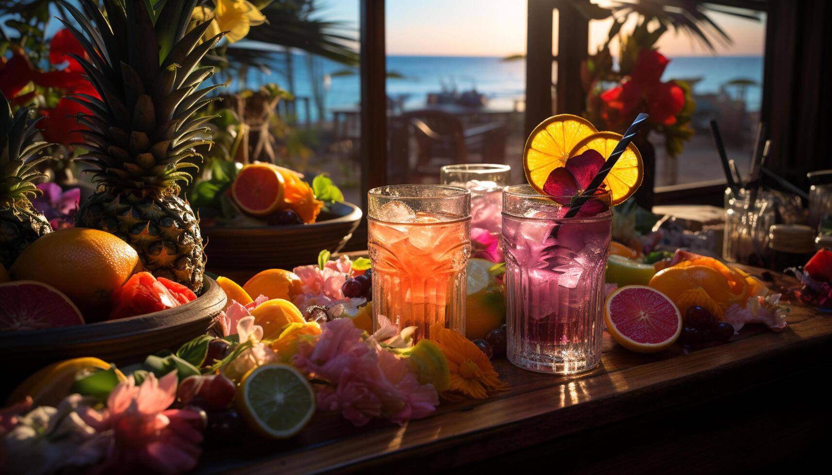 AI generated Fresh fruit cocktail on wooden table, a taste of summer generated by AI photo