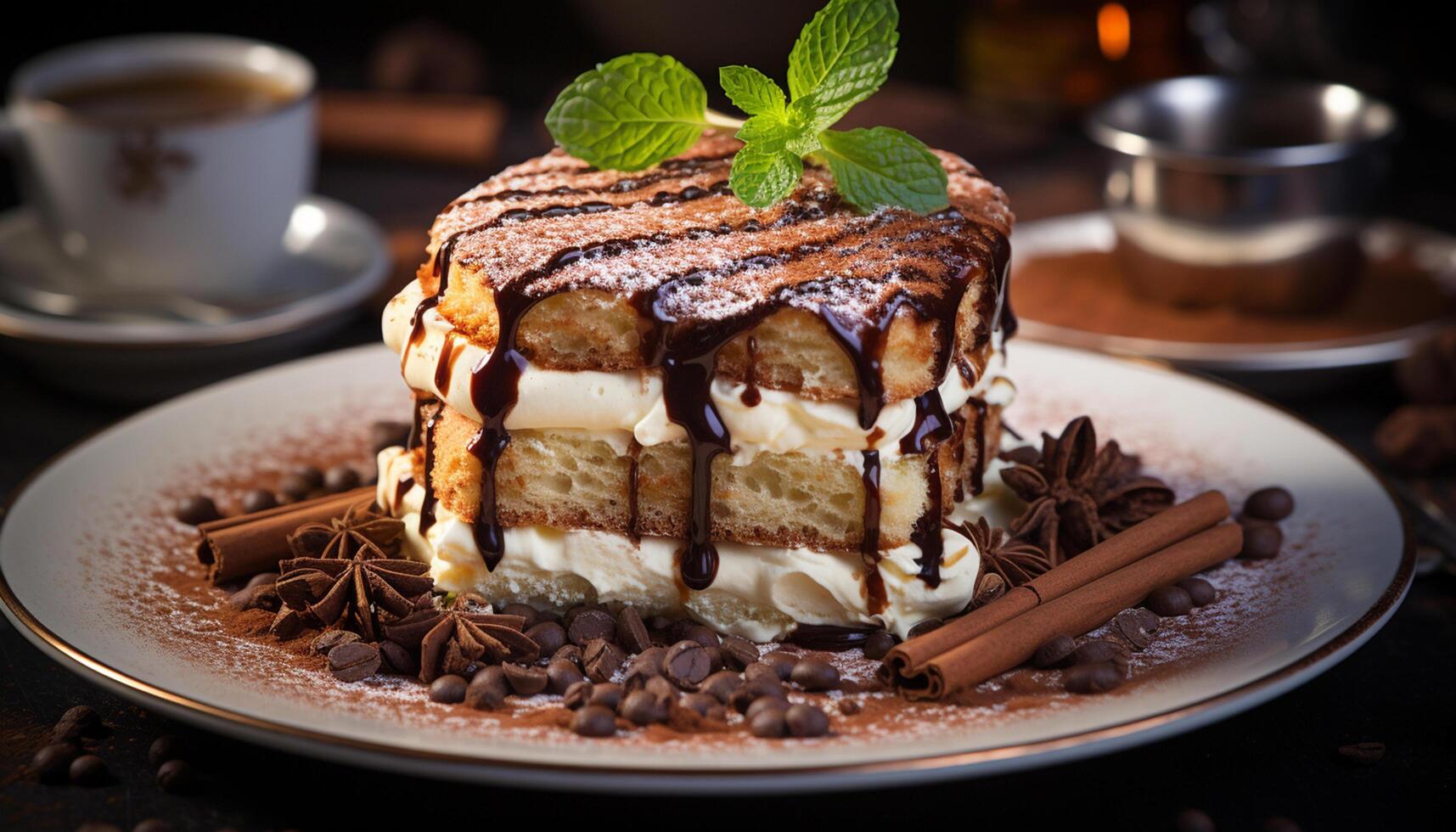 AI generated Gourmet dessert chocolate slice on a fresh plate with whipped cream generated by AI photo