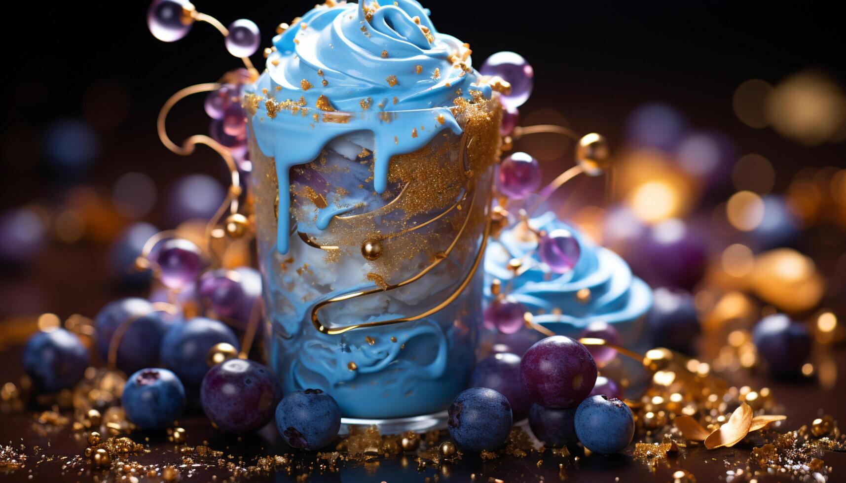 AI generated Celebration of winter with blue dessert, chocolate candle, and sweet gift generated by AI photo