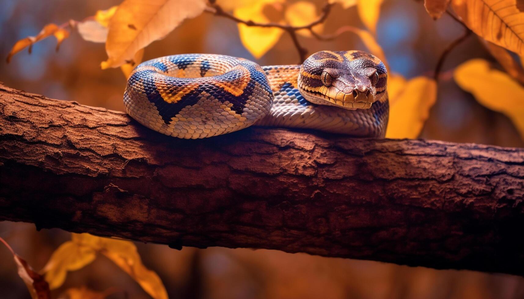 AI generated Snake slithers through dark forest, its yellow eyes glowing ominously generated by AI photo