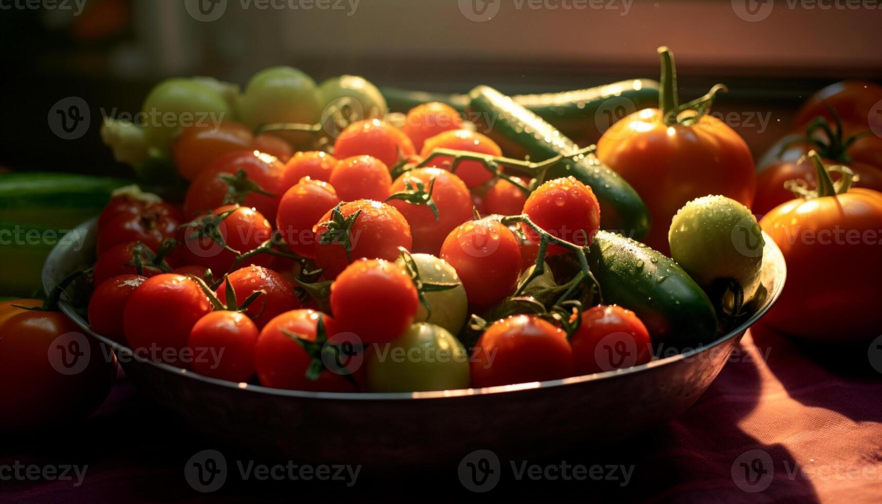 AI generated Fresh organic vegetables on wooden table, healthy eating for vegetarian generated by AI photo