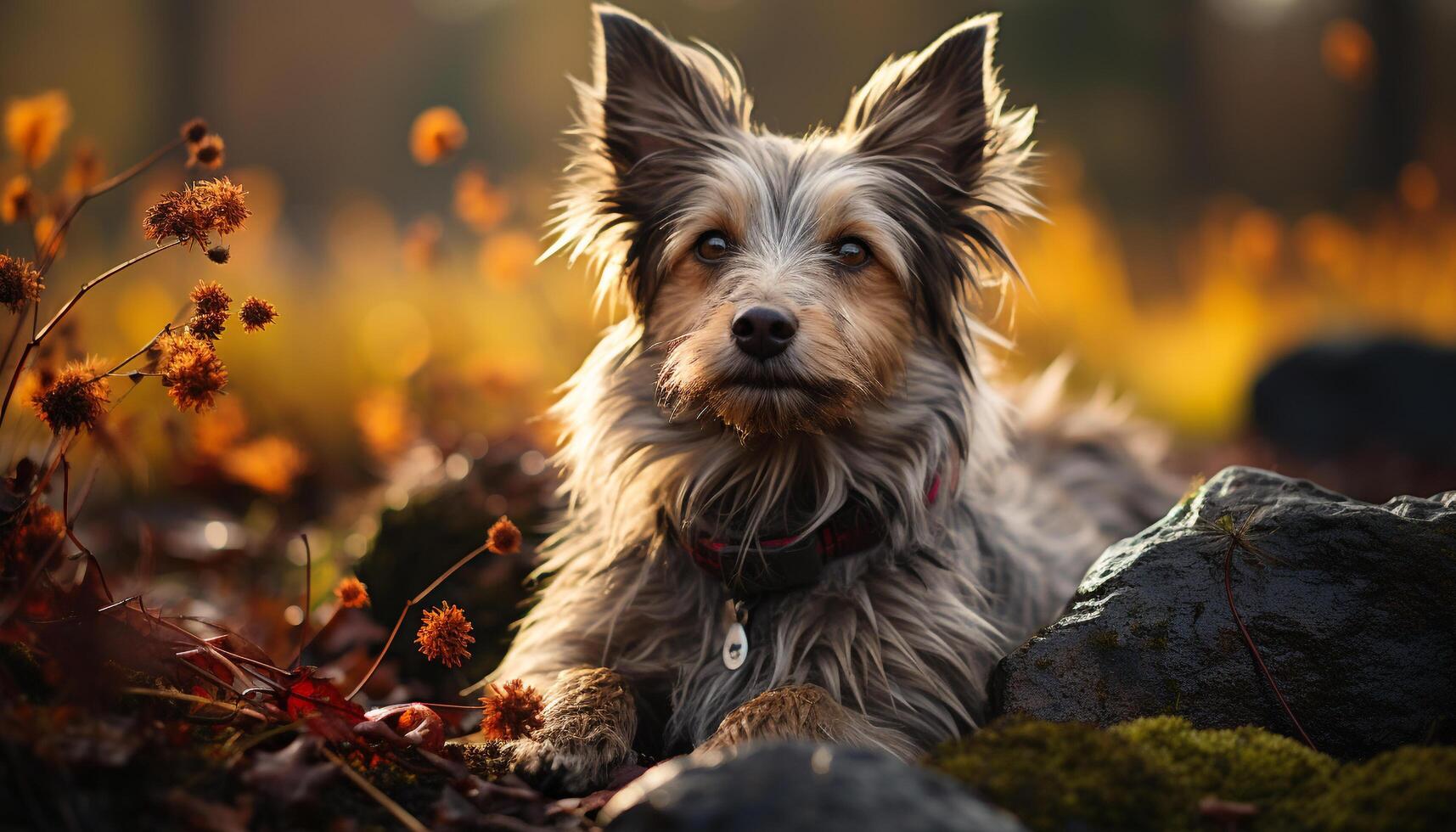 AI generated Cute puppy sitting in grass, looking at camera generated by AI photo