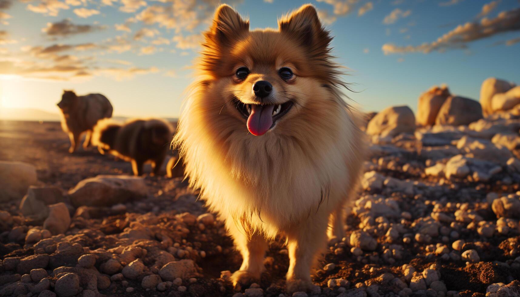 AI generated Cute puppy sitting in grass, enjoying the sunset generated by AI photo