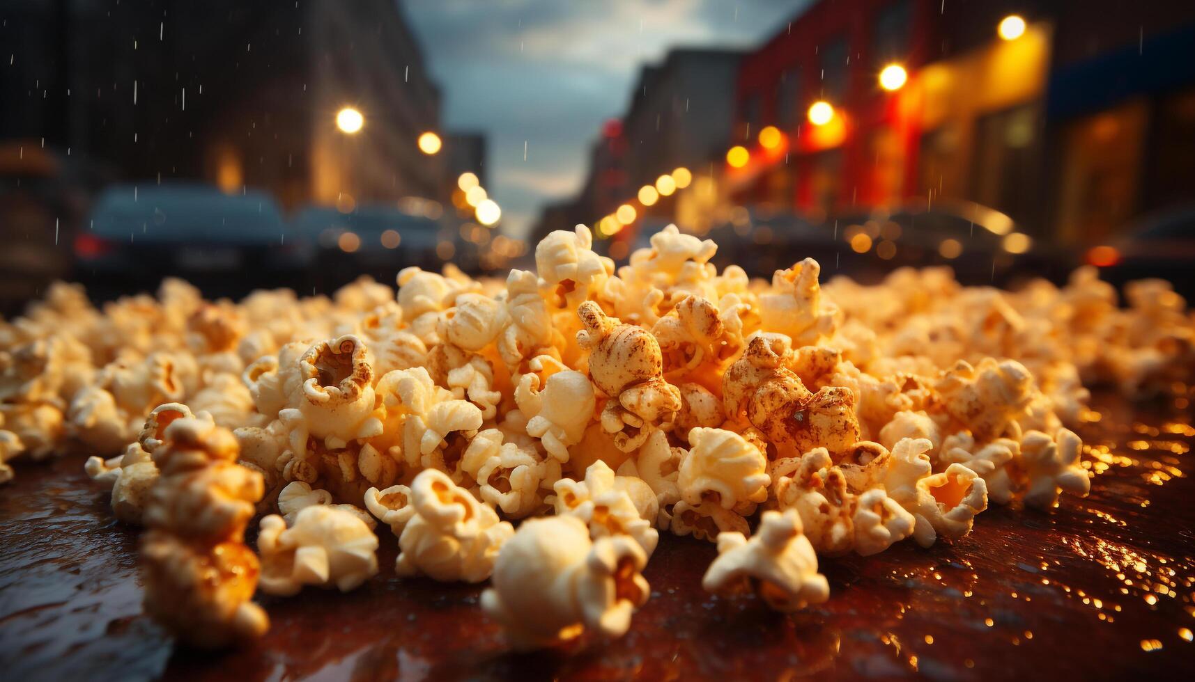 AI generated Nighttime movie snack, fresh popcorn, yellow and delicious generated by AI photo