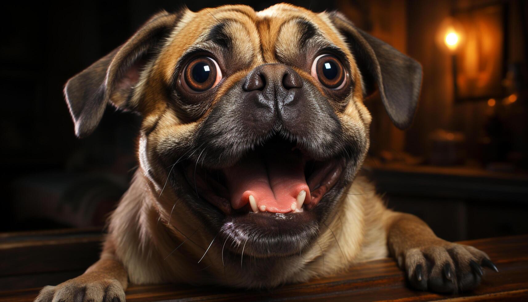 AI generated Cute puppy sitting, looking at camera, indoors generated by AI photo