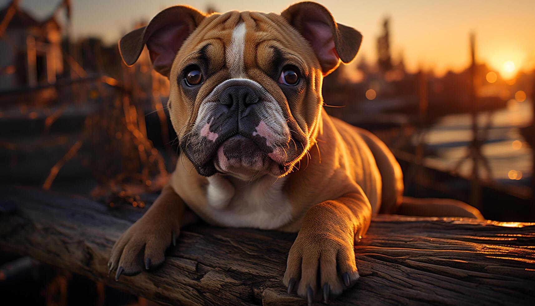 ai generado linda buldog perrito sentado al aire libre, mirando a cámara generado por ai foto