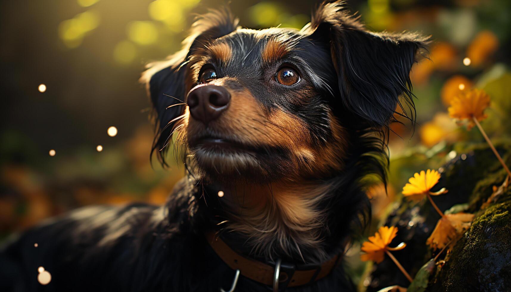 ai generado linda perrito sentado en césped, mirando a cámara generado por ai foto