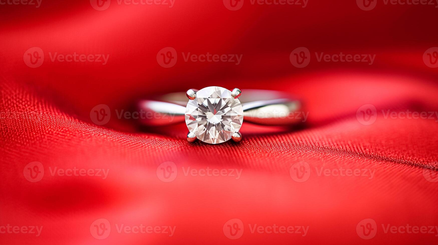 AI generated Jewellery, proposal and holiday gift, diamond engagement ring on red silk satin fabric, symbol of love, romance and commitment photo