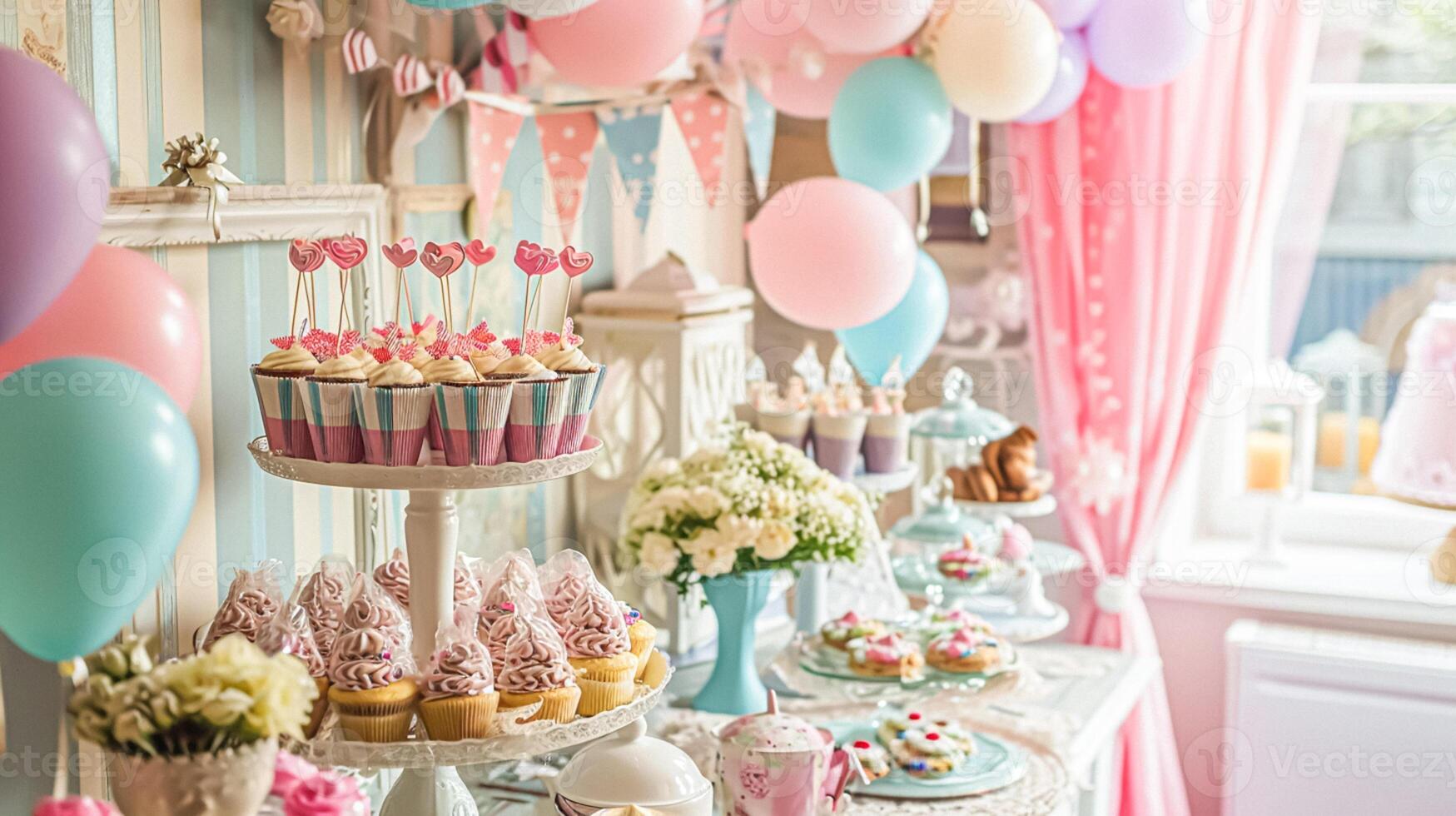 AI generated Birthday tablescape or candy bar with sweets, Birthday cake and cupcakes, beautiful party celebration photo