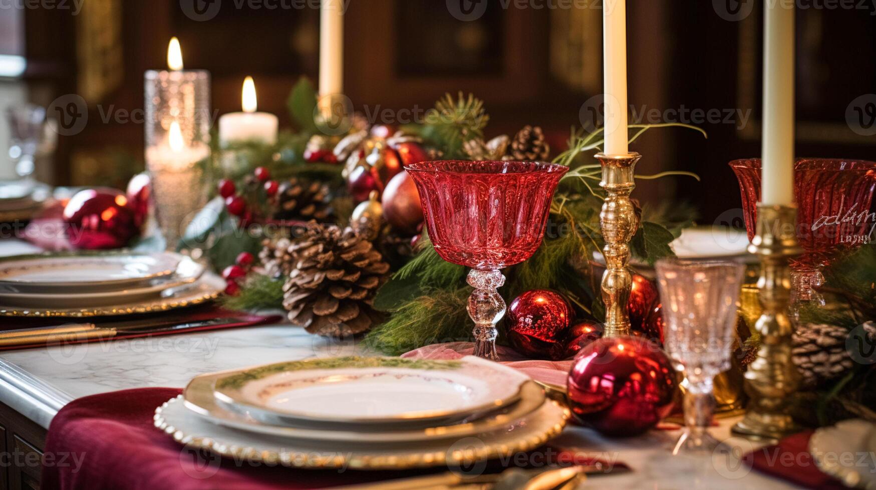 ai generado mesa decoración, fiesta paisaje de mesa y formal cena mesa ajuste para Navidad, Días festivos y evento celebracion, Inglés país decoración y hogar peinado foto