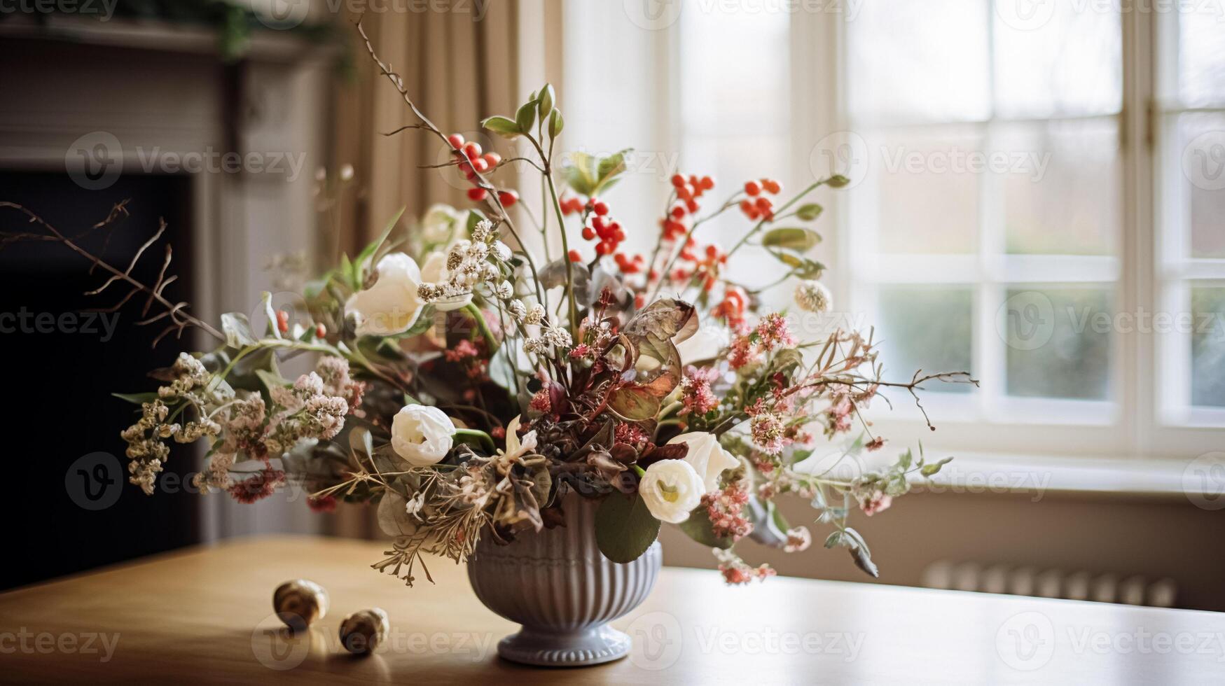 AI generated Floral arrangement with winter, autumn or early spring botanical plants and flowers photo