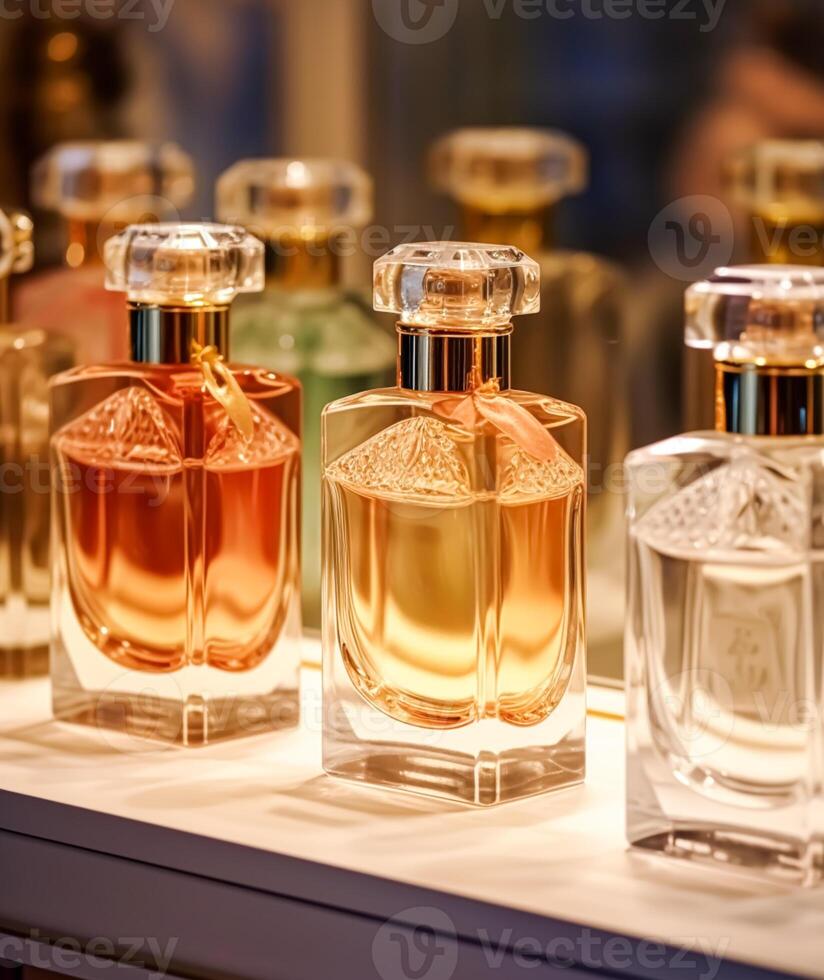 AI generated Luxury fragrance bottles at perfume scent at presentation event, bespoke perfumery and beauty product sale, generative ai photo