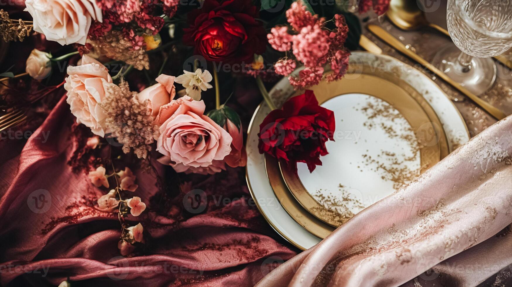 ai generado Boda y evento celebracion paisaje de mesa con flores, formal cena mesa ajuste con rosas y vino, elegante floral mesa decoración para cena fiesta y fiesta decoración, hogar peinado foto