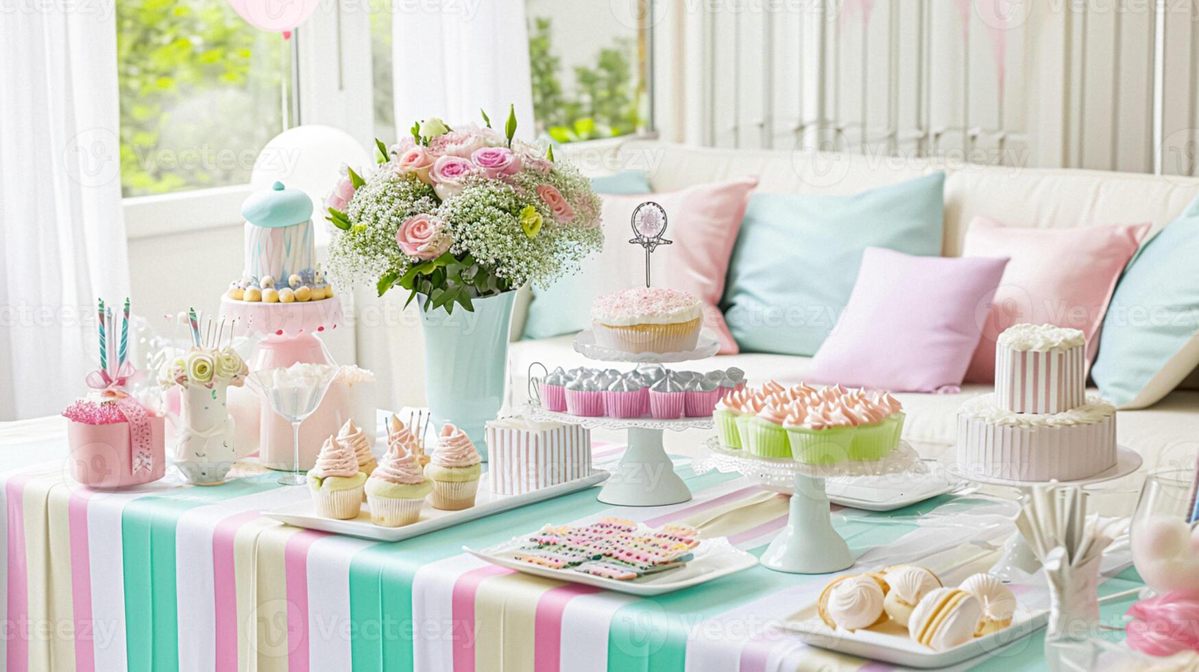 AI generated Birthday tablescape or candy bar with sweets, Birthday cake and cupcakes, beautiful party celebration photo