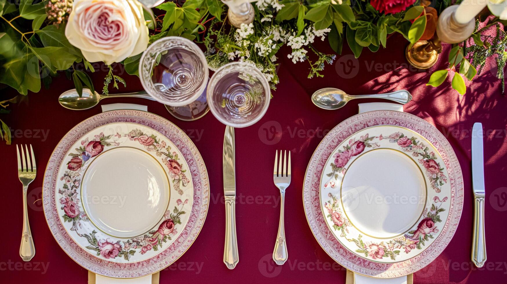 AI generated Valentines day tablescape and table decor, romantic table setting with flowers, formal dinner and date, beautiful cutlery and tableware photo