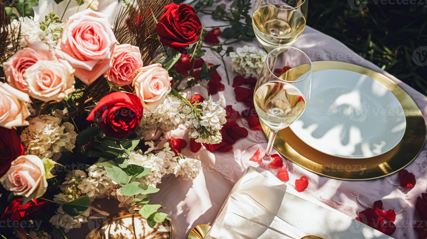 AI generated Wedding and event celebration tablescape with flowers, formal dinner table setting with roses and wine, elegant floral table decor for dinner party and holiday decoration, home styling photo