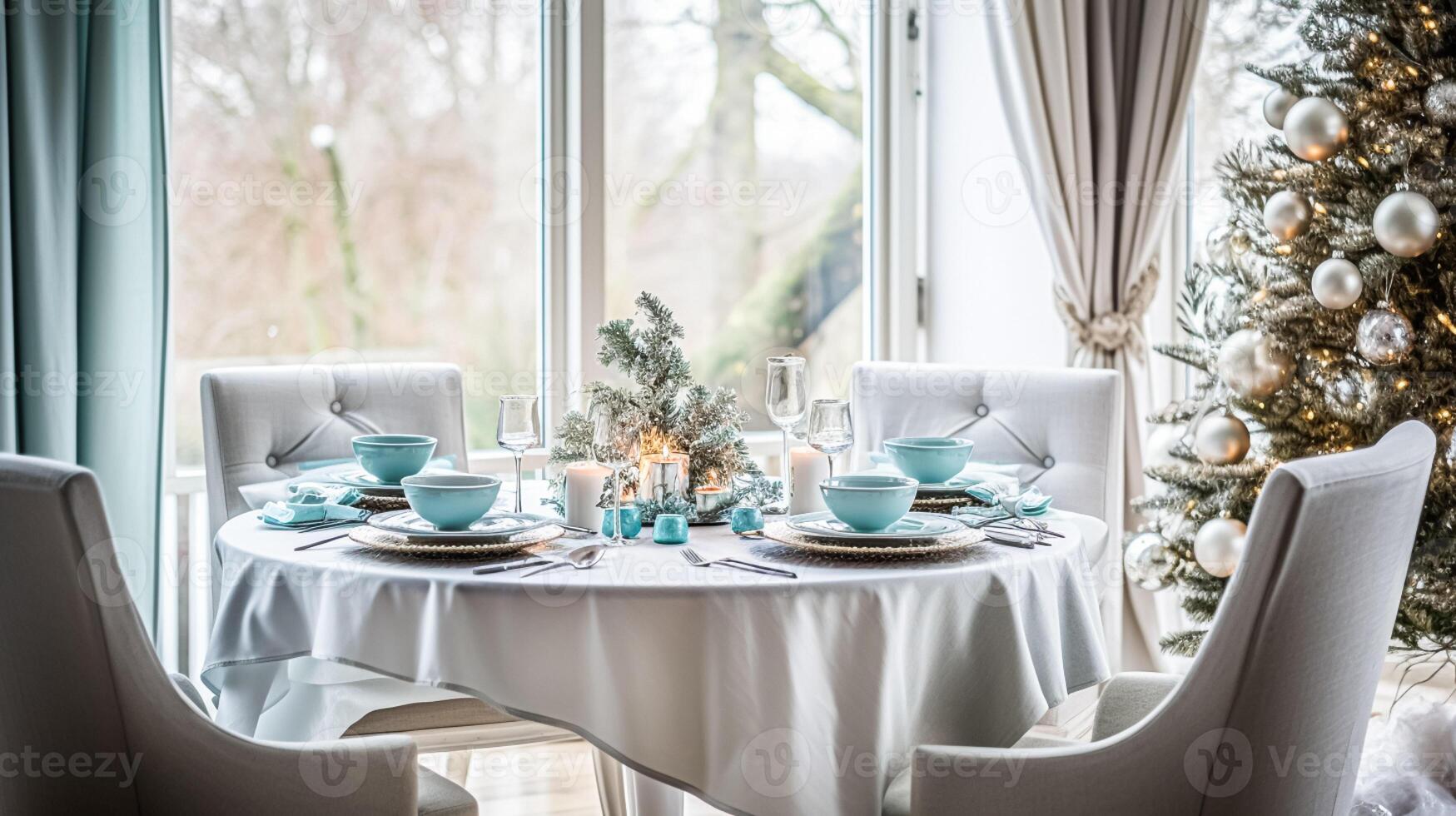 AI generated Christmas holiday family breakfast, table setting decor and festive tablescape, English country and home styling photo