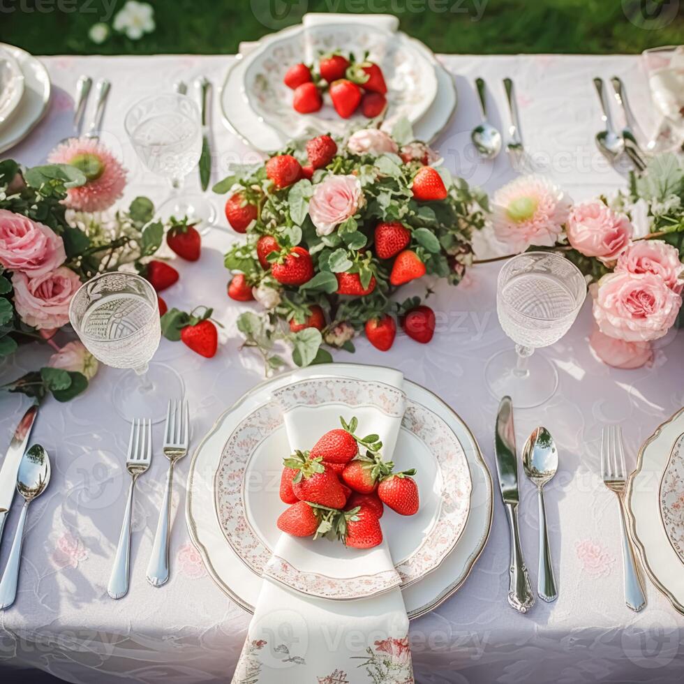 ai generado país paisaje de mesa, formal cena mesa configuración, mesa bohordo con fresa decoración para Boda fiesta y fiesta evento celebracion, generativo ai foto